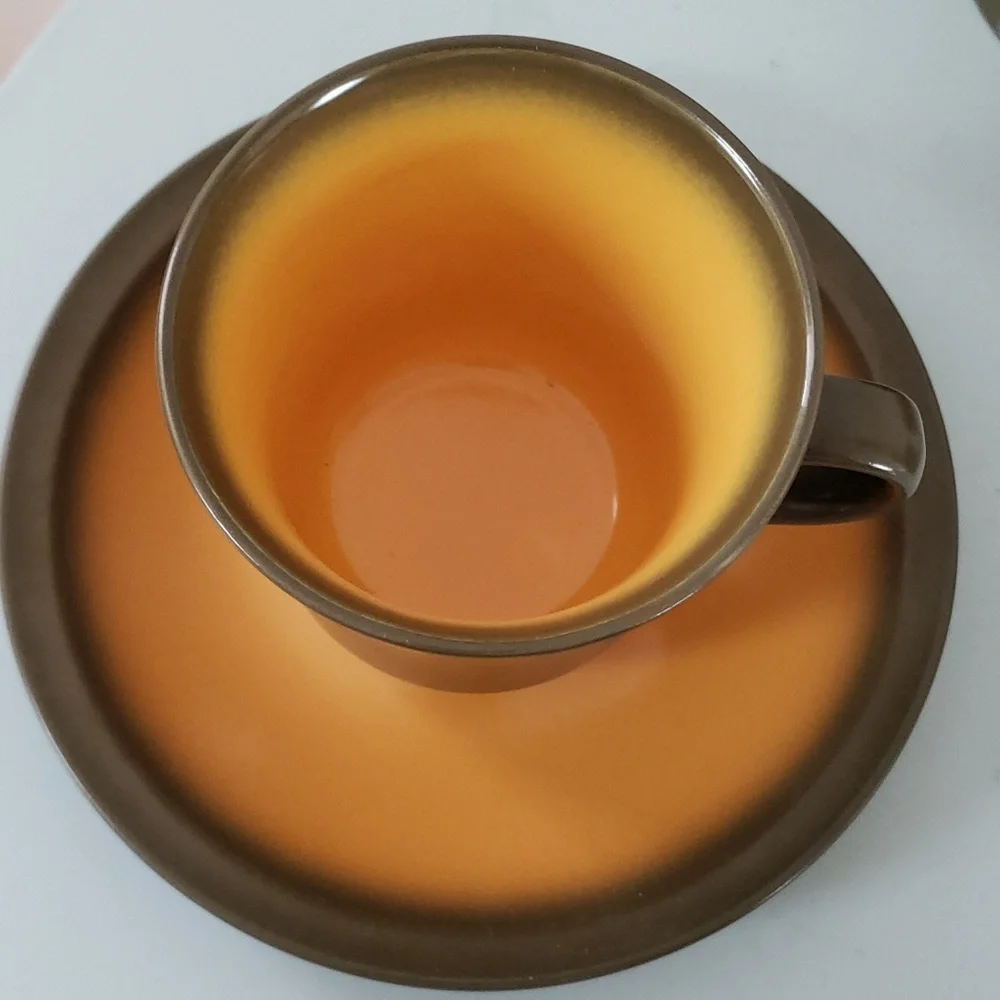 Premiere Nu Stone CANTELOPE 7606 Japan 70s Cups & Saucers Brown & Orange, VTG